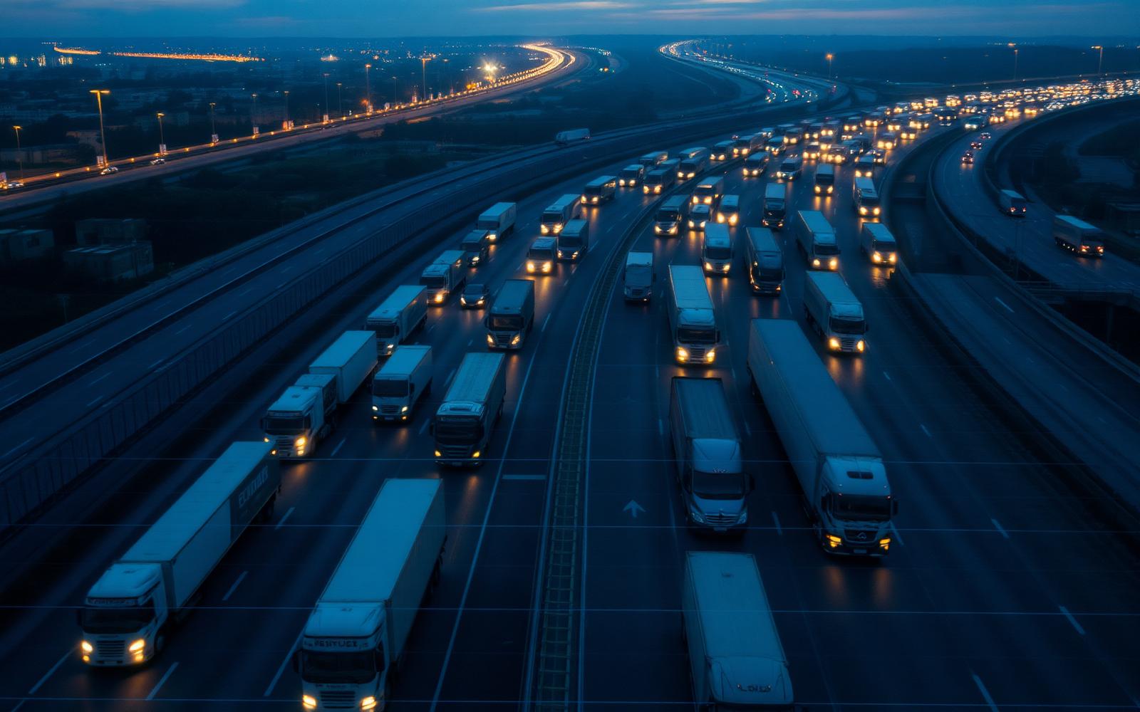 Aerial view of a commercial truck fleet on the highway at dusk